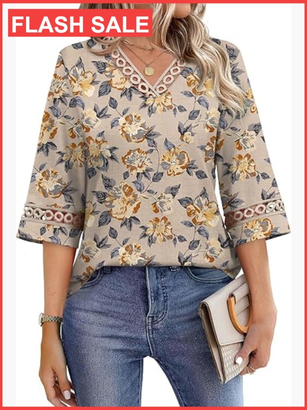 Womens V Neck Bell Sleeve Blouse Eyelet Lace Dressy Casual Work Top